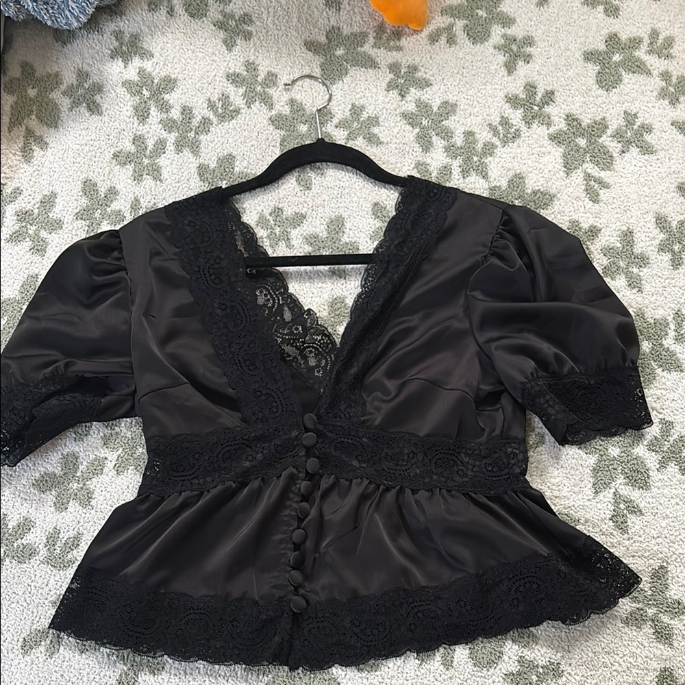 Black Lace Trim Blouse Widow/ dollskill